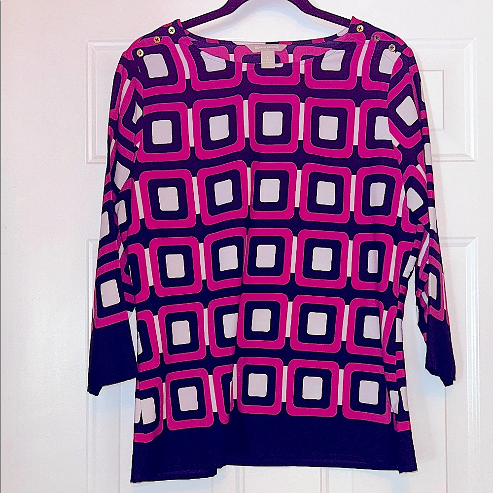 Banana Republic Window Pane Top L Blue Pink NWOT Career Geometric Bold